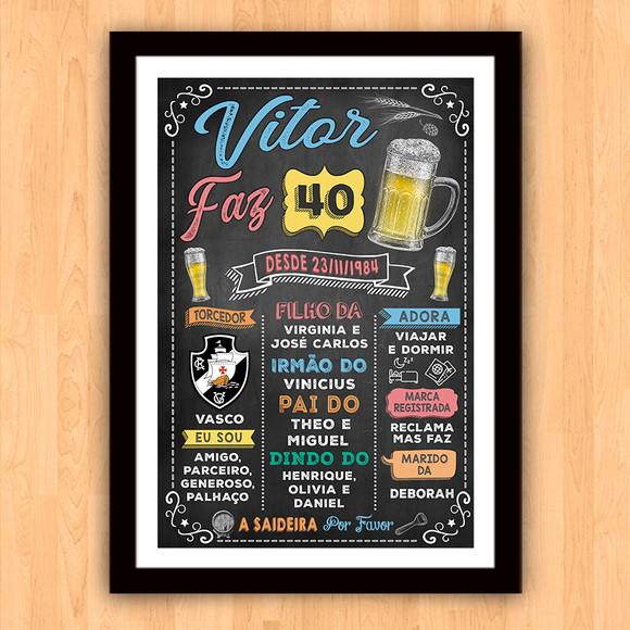 Chalkboard Quadro c/ Moldura Aniversario 40 Anos A3 30x42cm