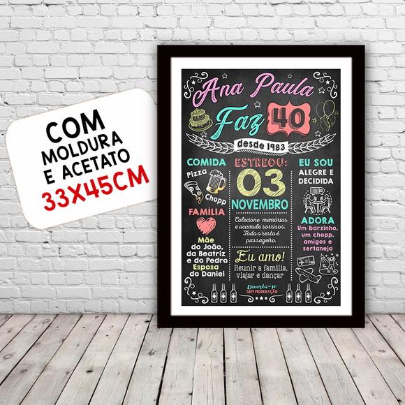 Chalkboard Quadro c/ Moldura Aniversario 40 Anos A3 30x42cm