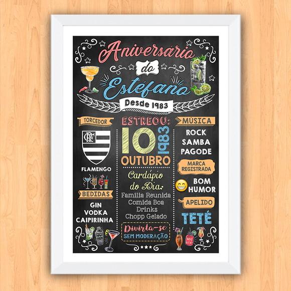 Chalkboard Quadro c/ Moldura Aniversario Drinks Estefano