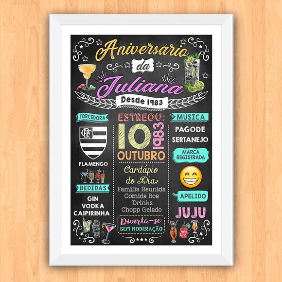 Chalkboard Quadro c/ Moldura Aniversario Drinks Juliana