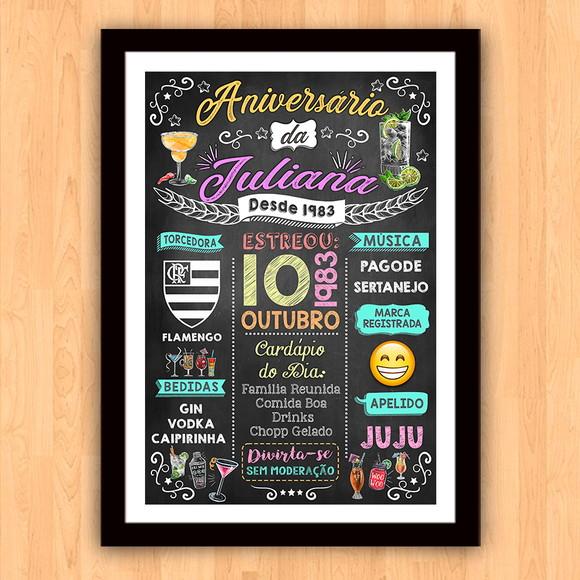 Chalkboard Quadro c/ Moldura Aniversario Drinks Juliana