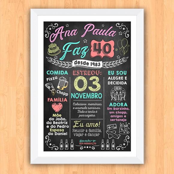 Chalkboard Quadro Poster Aniversário 40 Anos A3 30x42cm