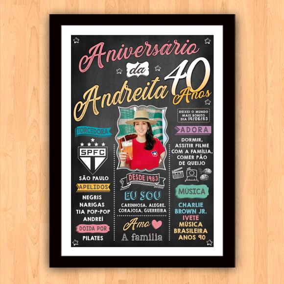 Chalkboard Quadro Poster Aniversário 40 Anos A3 30x42cm