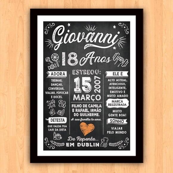 Chalkboard Quadro Poster c/ Moldura 18 Anos A3 30x42cm