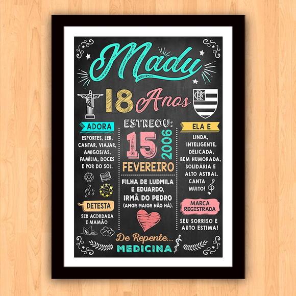 Chalkboard Quadro Poster c/ Moldura 18 Anos A3 30x42cm