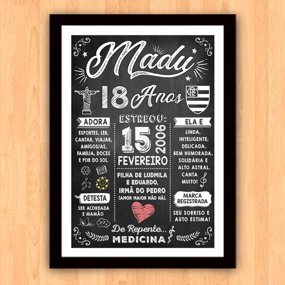 Chalkboard Quadro Poster c/ Moldura 18 Anos A3 30x42cm
