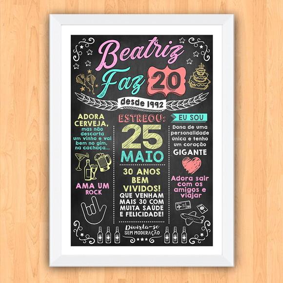 Chalkboard Quadro Poster c/ Moldura 20 Anos A3 30x42cm