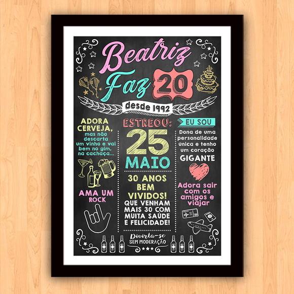Chalkboard Quadro Poster c/ Moldura 20 Anos A3 30x42cm