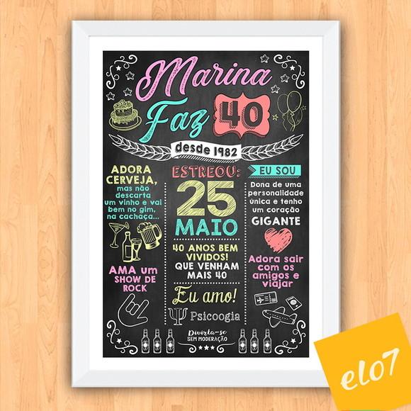 Chalkboard Quadro Poster C/ Moldura 40 Anos A3 30x42cm
