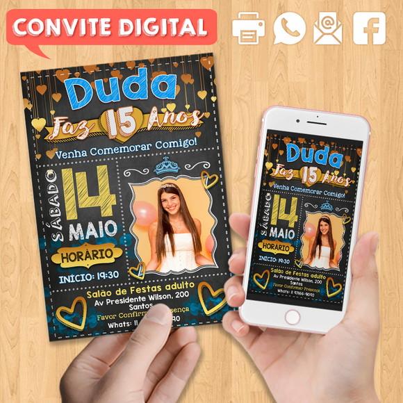 Convite Digital Aniversário Azul Dourado 15 Anos Duda