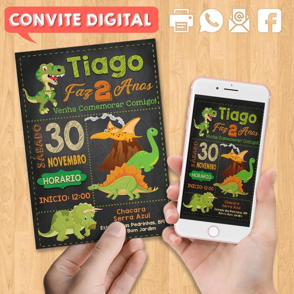 Convite Digital Aniversário Dinossauros Fundo Preto