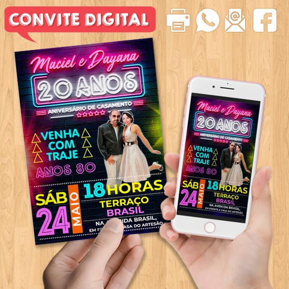 Convite Digital Aniversário Festa Anos 80 Neon Casal
