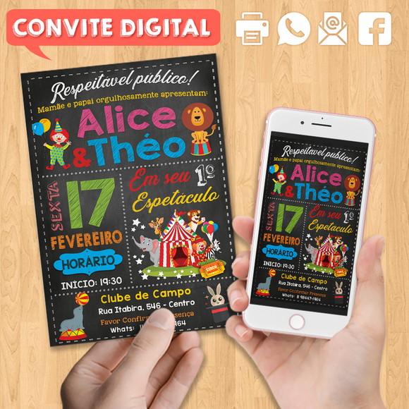 Convite Digital Aniversário para Gêmeos Festa no Circo