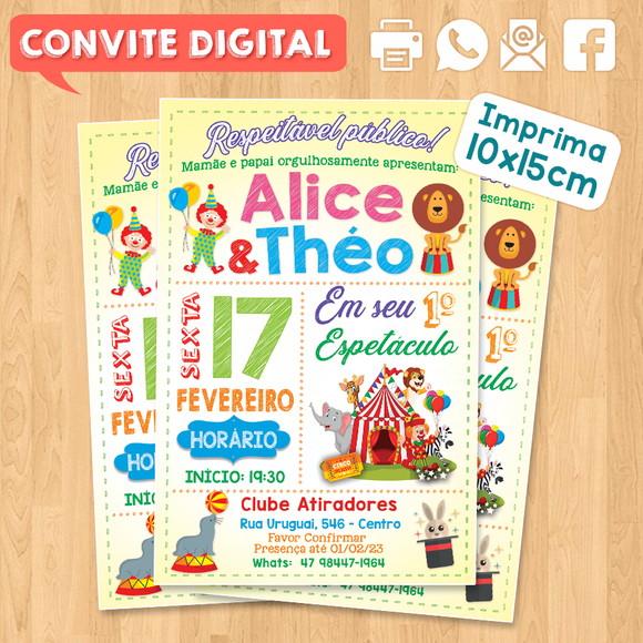 Convite Digital Aniversário para Gêmeos Festa no Circo