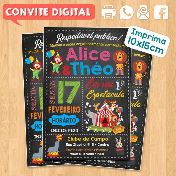 Convite Digital Aniversário para Gêmeos Festa no Circo