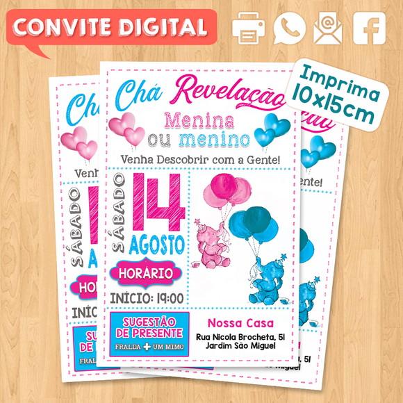 Convite Digital Chá De Revelação Elefante Rosa E Azul