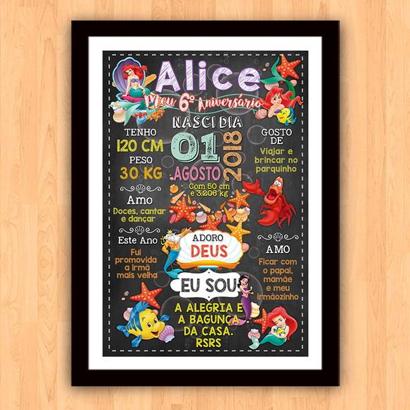 Poster Chalkboard Aniversário a Pequena Sereia 30x42cm
