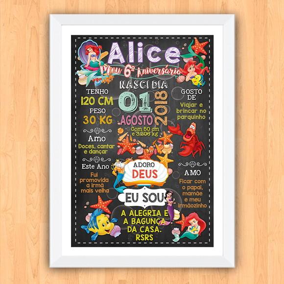 Poster Chalkboard Aniversário a Pequena Sereia 30x42cm