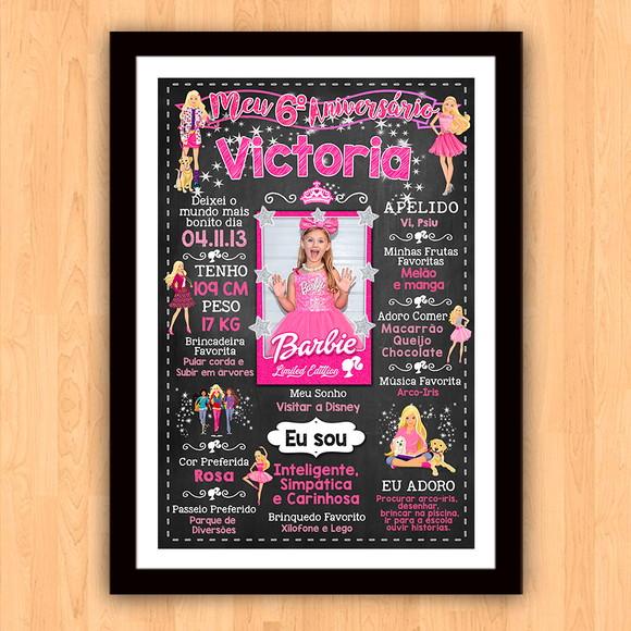 Poster Quadro Aniversário c/ Moldura Barbie 6 Anos 30x42cm