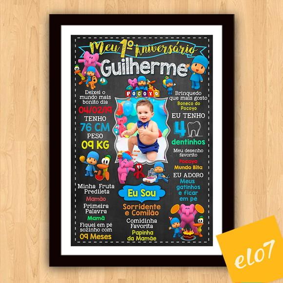 Quadro Chalkboard Aniversário Pocoyo C/ Moldura 30x42cm