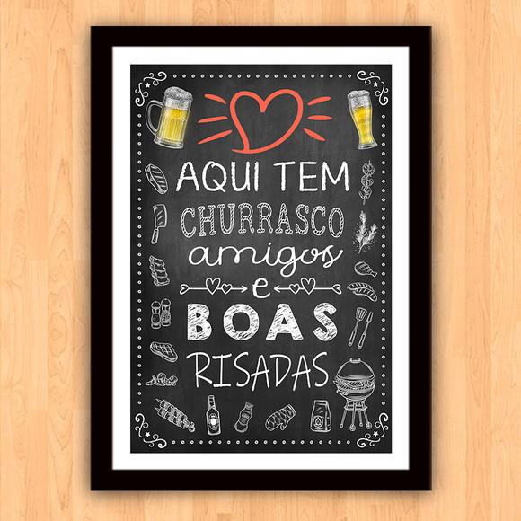 Quadro Pôster A3 c Moldura Aqui Tem Churrasco Amigos 30x42cm