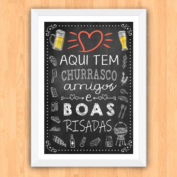 Quadro Pôster A3 c Moldura Aqui Tem Churrasco Amigos 30x42cm