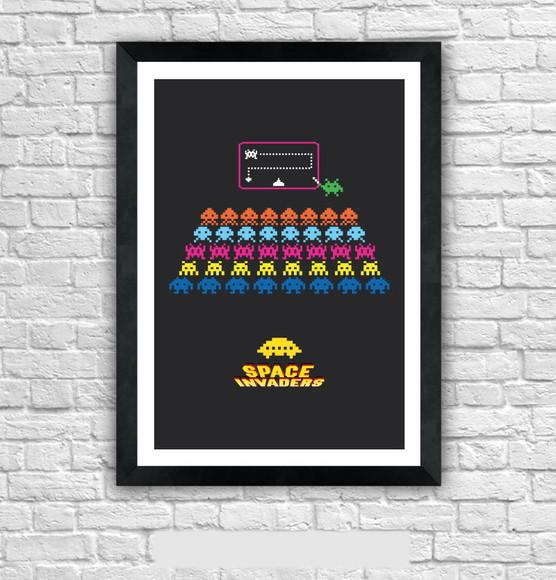 Quadro Pôster A3 c/ Moldura Aula Space Invaders 30x42cm