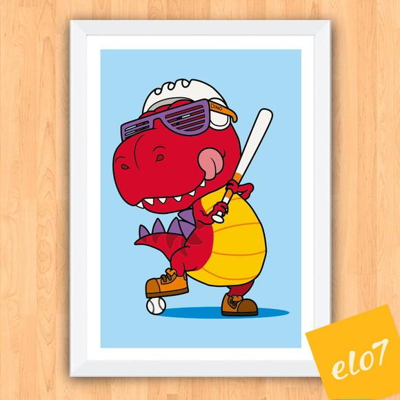 Quadro Pôster A3 c/ Moldura Dinossauro Beisebol 30x42cm
