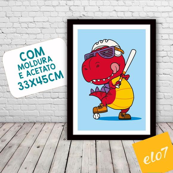 Quadro Pôster A3 c/ Moldura Dinossauro Beisebol 30x42cm