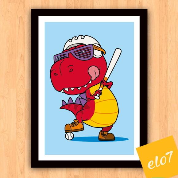 Quadro Pôster A3 c/ Moldura Dinossauro Beisebol 30x42cm