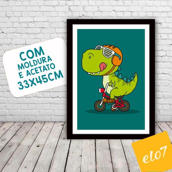 Quadro Pôster A3 c/ Moldura Dinossauro Bicicleta 30x42cm