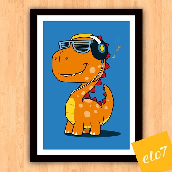 Quadro Pôster A3 c/ Moldura Dinossauro Música 30x42cm