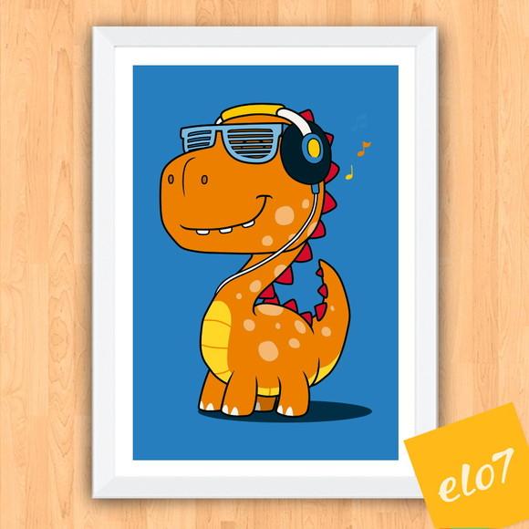 Quadro Pôster A3 c/ Moldura Dinossauro Música 30x42cm