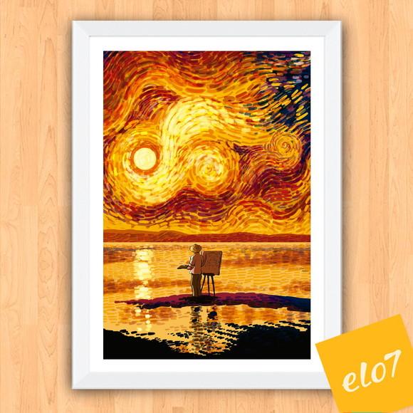 Quadro Pôster A3 c/ Moldura Estilo Van Gogh Pop Art 30x42cm