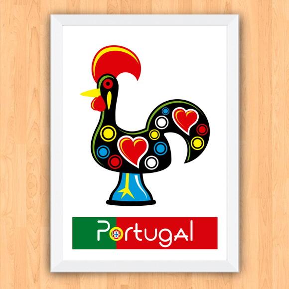 Quadro Pôster A3 c/ Moldura Galo de Barcelos Pop Art 30x42cm