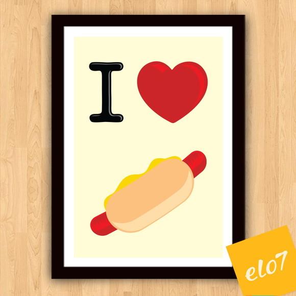 Quadro Pôster A3 c/ Moldura I Love Hot Dog 30x42cm