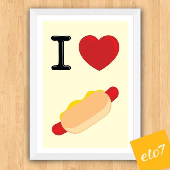 Quadro Pôster A3 c/ Moldura I Love Hot Dog 30x42cm