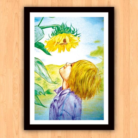 Quadro Pôster A3 c/ Moldura Menino e Girassol 30x42cm