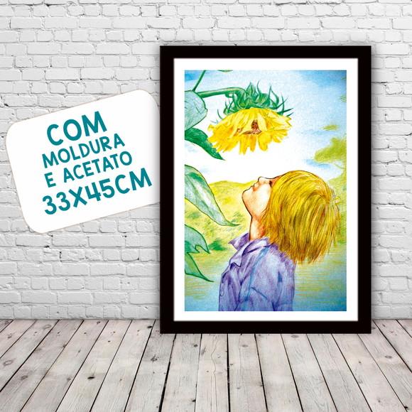 Quadro Pôster A3 c/ Moldura Menino e Girassol 30x42cm