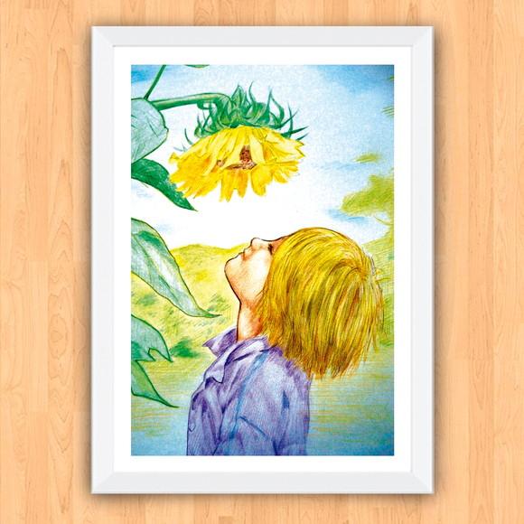 Quadro Pôster A3 c/ Moldura Menino e Girassol 30x42cm