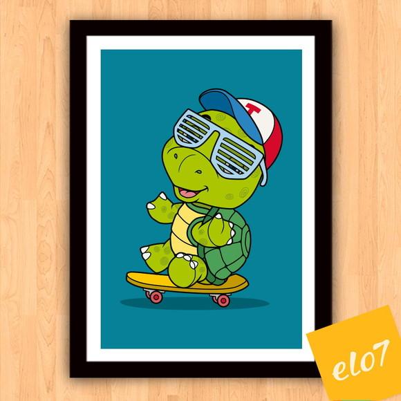 Quadro Pôster A3 c/ Moldura Tartaruga Skate 30x42cm