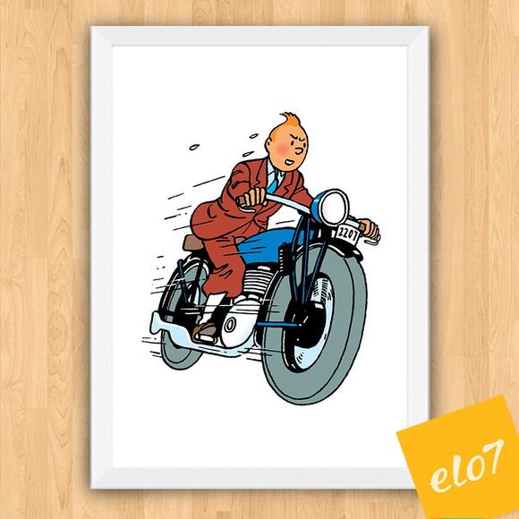 Quadro Pôster A3 c/ Moldura Tintin Moto 30x42cm