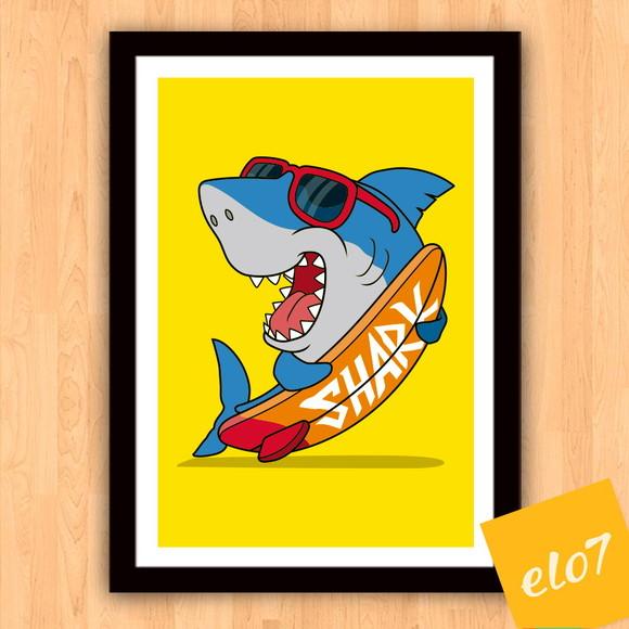 Quadro Pôster A3 c/ Moldura Tubarão Surfista 30x42cm