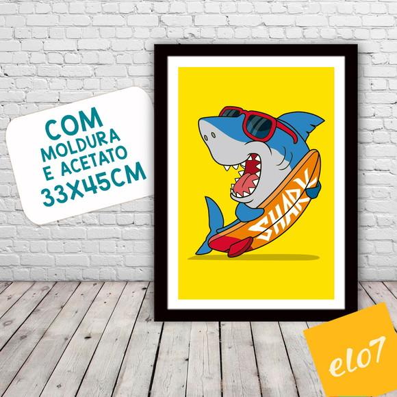 Quadro Pôster A3 c/ Moldura Tubarão Surfista 30x42cm