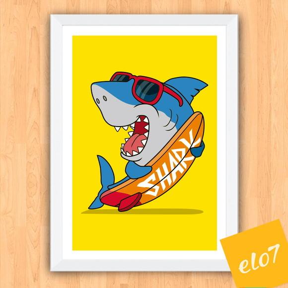 Quadro Pôster A3 c/ Moldura Tubarão Surfista 30x42cm