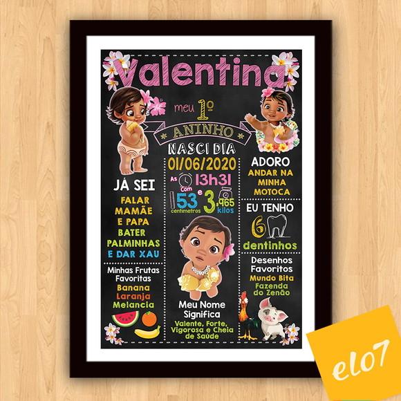 Quadro Poster Chalkboard Aniversário Moana Baby 30x42cm