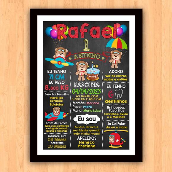 Quadro Poster Chalkboard Aniversário Urso Aviador 30x42cm
