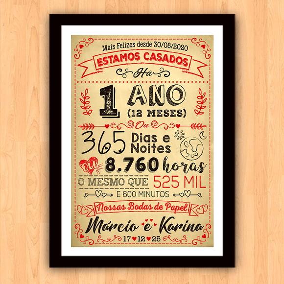 Quadro Poster Chalkboard Bodas 1 Ano Papel A3 30x42cm