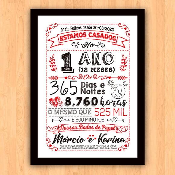 Quadro Poster Chalkboard Bodas 1 Ano Papel A3 30x42cm