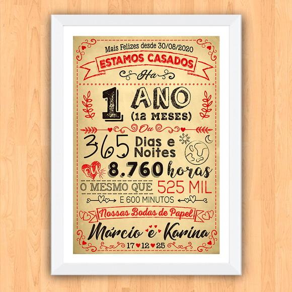 Quadro Poster Chalkboard Bodas 1 Ano Papel A3 30x42cm